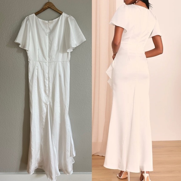 Eternal Bond White Satin Ruffled Flutter Sleeve Maxi Dress - Picture 3 of 10